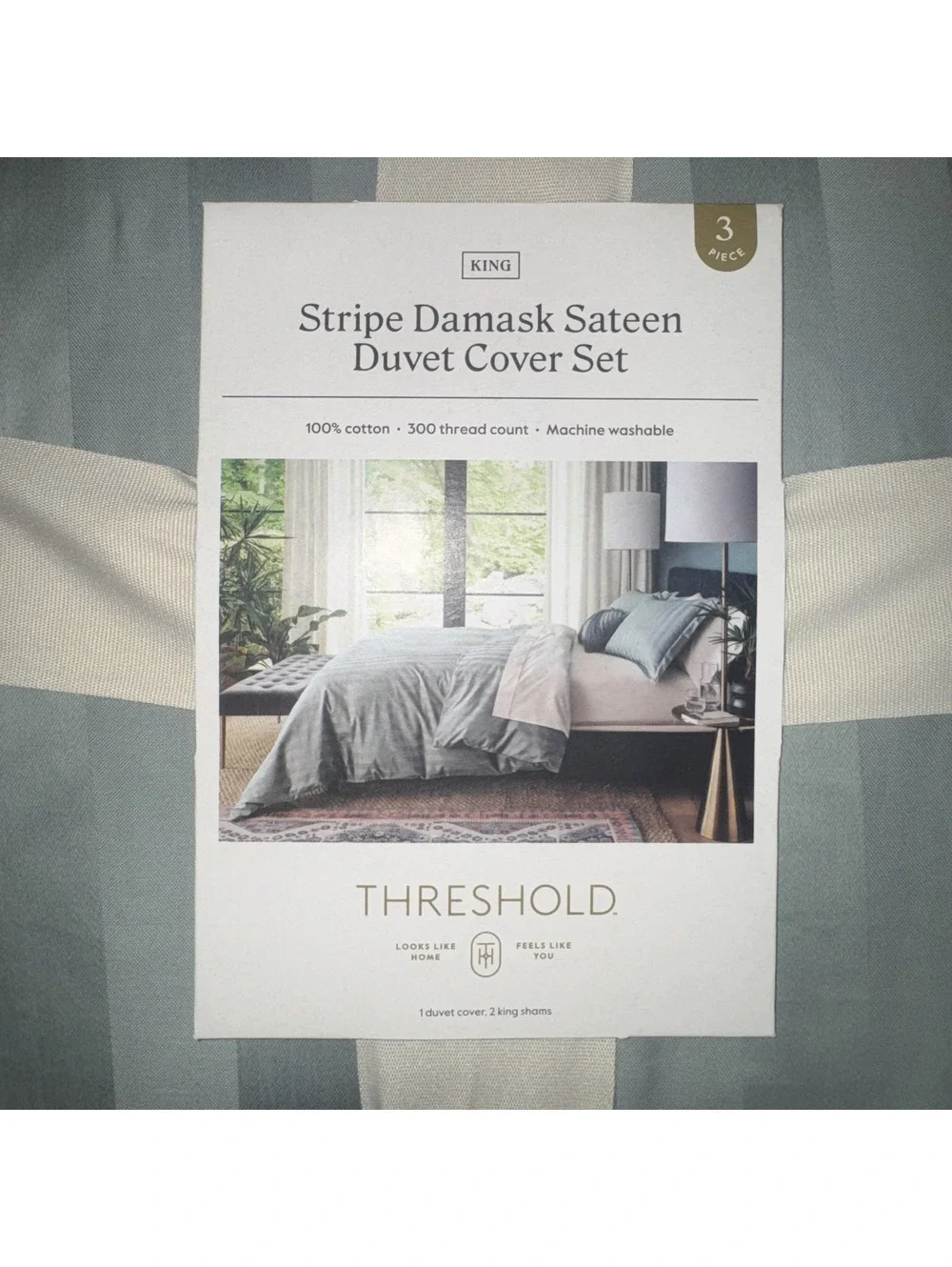 Threshold King Stripe Damask Sateen Duvet Cover Set 3 Piece 100% Cotton